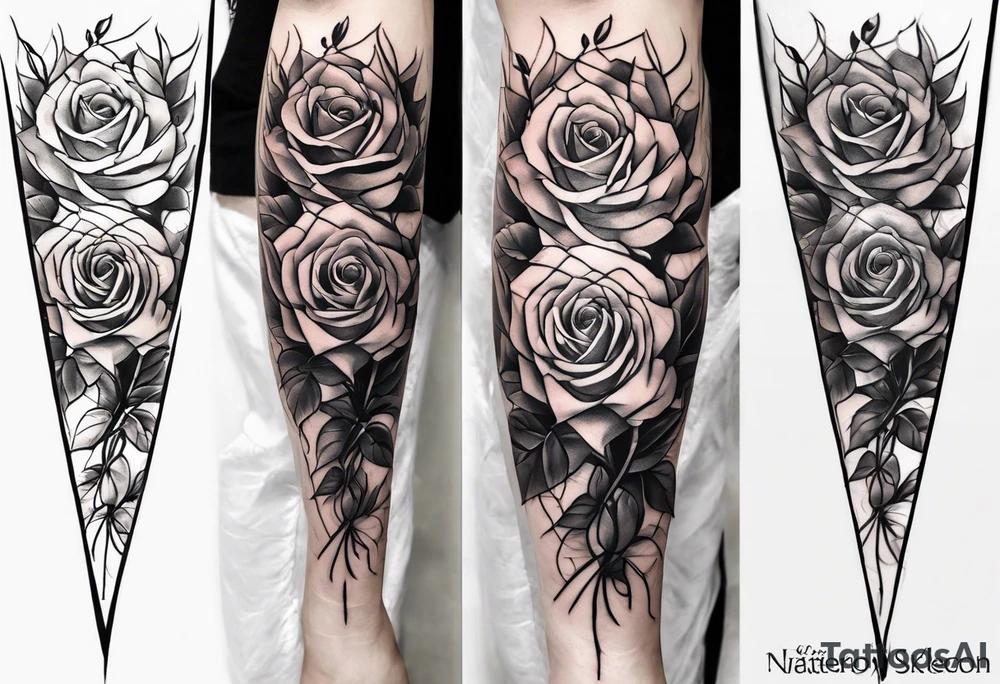 long vertical tattoo to cover my whole shin showing two separate rose stems wrapped around each other, one stem should have thorns and one should be thornless I want a long stem to shower them intertwined tattoo idea