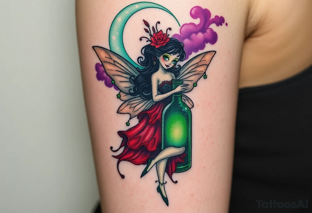 Tim Burton’s kelly doty pin up style Vintage Parisian elegant and hauntingly beautiful yet eerie full body absinthe Green Fairy dances outside her victorian crystal decatur she was once inside this elaborate ornate bottle absinthe bottle Absinthe Art Nouveau   and dripping with muted reds, dusty pinks, and eerie green glow.purple and cyan smokey clouds swirl in the crescent moonlit sky thats sprinkled with stars tattoo idea