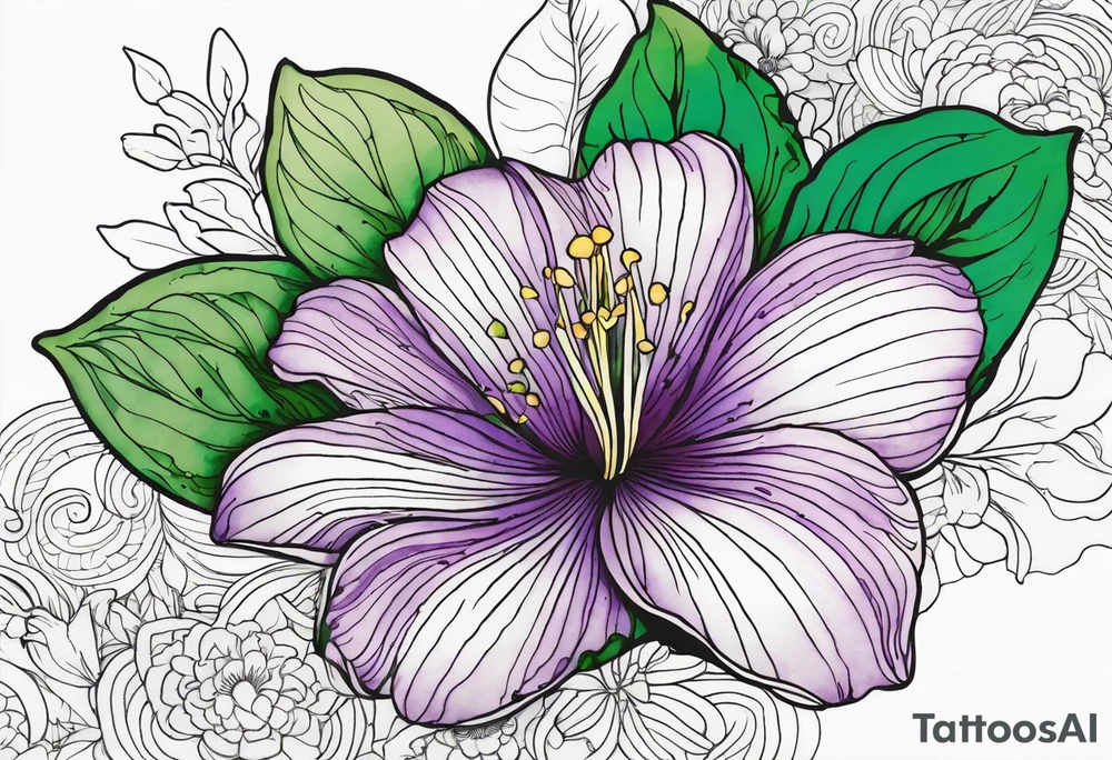 An outline of a rio dipladenia flower with a green and purple watercolor mix in the background tattoo idea