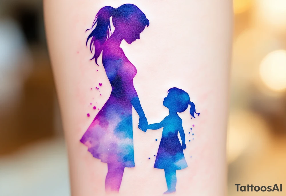 A watercolor-style silhouette of a mother holding her daughter’s hand, in soft pastel purples and blues. tattoo idea