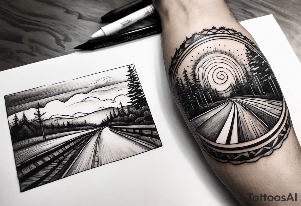 Road in forearm circle tattoo idea