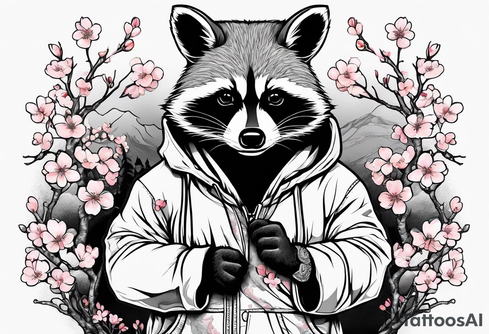 Raccoon wearing a Superman hoodie and Japanese cherry blossoms tattoo idea