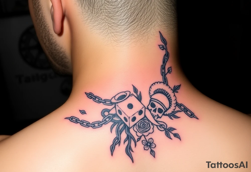 Squid and spartan and sailor hat combined with chains, tree roots, cherry blossoms and roses rolling dice tattoo idea
