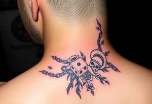 Squid and spartan and sailor hat combined with chains, tree roots, cherry blossoms and roses rolling dice tattoo idea