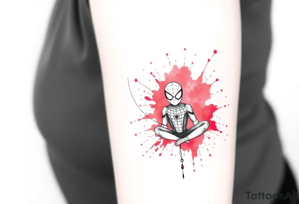 A vertical stacked tattoo design for a half-sleeve on a white background. At the top is a chibi Deadpool character in a bold ink sketch style. At the bottom is a chibi Spider-Man character sitting cross-legged in a loose pencil sketchbook style. High contrast black and grey shading. The two characters are connected by loose, energetic sketch lines and a thin spiderweb thread hanging between them. Dramatic, stylized splashes of bright, vibrant watercolor red ink splatter bursting out around both characters' suits, bleeding into the negative space. Tattoo flash sheet style, crisp linework. tattoo idea