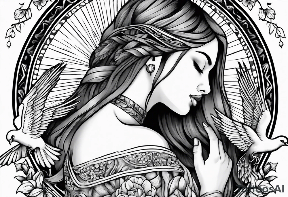 Woman praying hands with doves, full sleeve tattoo idea