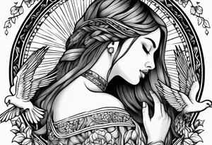 Woman praying hands with doves, full sleeve tattoo idea