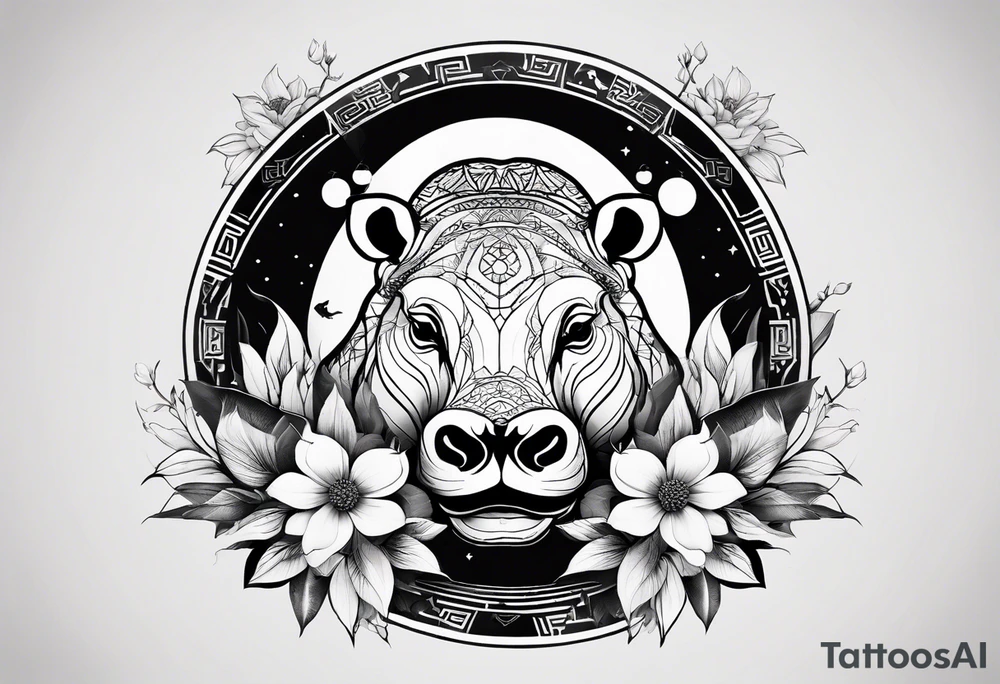 Very asymmetrical, +geometric pattern, with realistic full moon, with serious looking hippo, +zen feel, + Buddhism touch, +tribal, +geometric, +chinese inkart 
with wintersweet flower bud, +portrait orientation, +inkart touch, tattoo idea