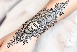 Indian style Henna tattoo for the inner wrist include the word pain in small font tattoo idea