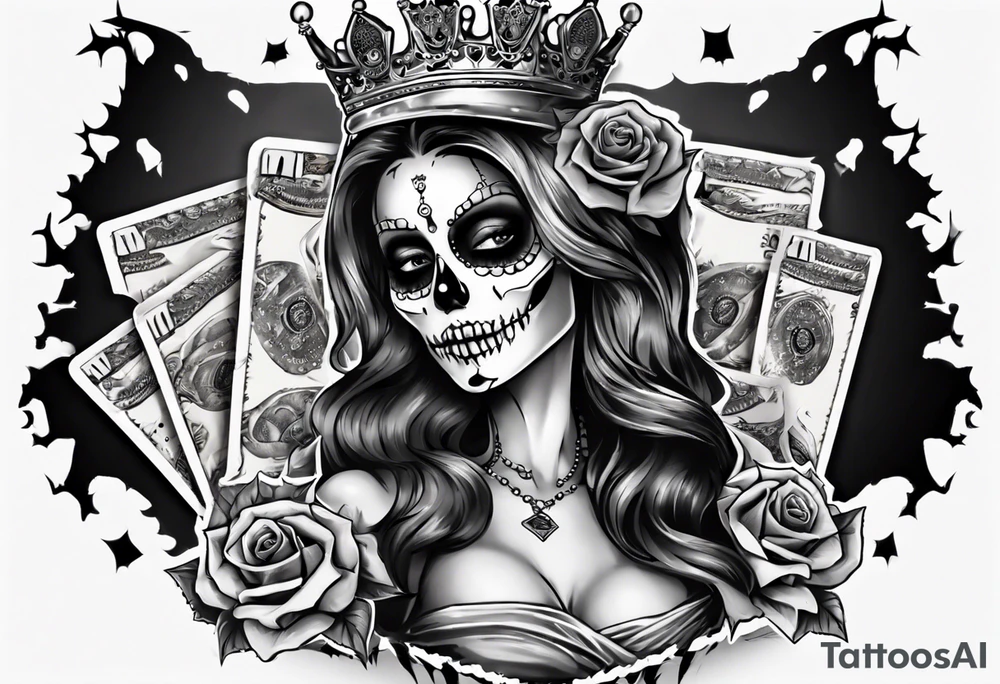 santa la muerta with money and crown
on the card tattoo idea
