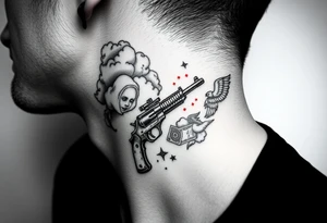 deepfull description of details with clouds,fire guns, money,angels and red for the side of neck tattoo idea