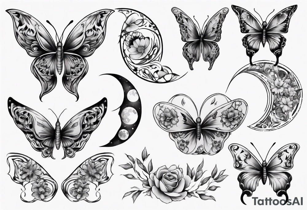 Butterfly wrap tattoos with moon and floral theme tattoo idea