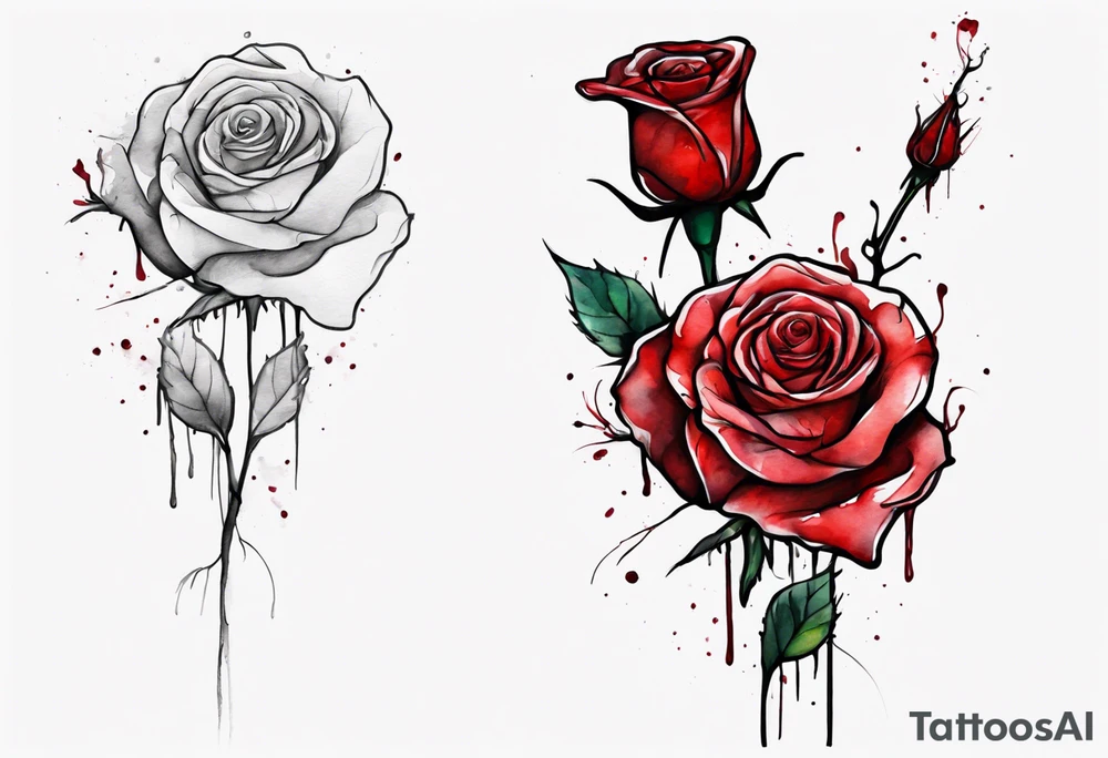 rose flower, one line, red blood dripping from the flower, tall, watercolor, with a T
placed in the stem tattoo idea