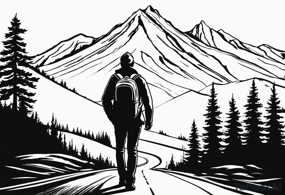 A man with a backpack walking down a road lined with trees, holding a bicycle towards a mountain. I want the design to be portrait and sort of a vanishing road towards the mountain. The mountain is Black Tusk in British Colombia tattoo idea