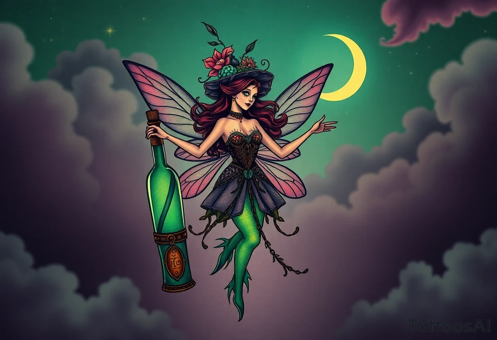 Tim Burton’s kelly doty pin up style Vintage Parisian elegant and hauntingly beautiful yet eerie full body absinthe Green Fairy dances outside her victorian crystal decatur she was once inside this elaborate ornate bottle absinthe bottle Absinthe Art Nouveau   and dripping with muted reds, dusty pinks, and eerie green glow.purple and cyan smokey clouds swirl in the crescent moonlit sky thats sprinkled with stars tattoo idea