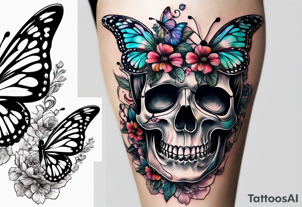 pretty skull tattoo with butterfly and flowers on tights tattoo idea