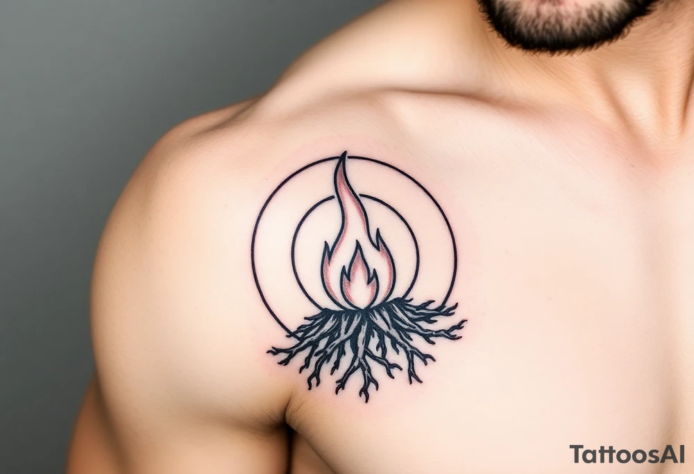 a round flame imprisoned in a roots circle tattoo idea