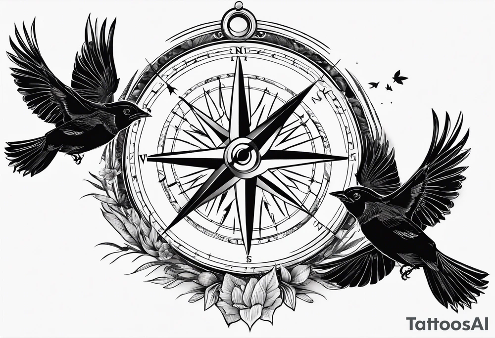 Simple compass with three black birds flying by north tattoo idea Simple compass with three black birds flying by north tattoo idea