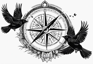 Simple compass with three black birds flying by north tattoo idea