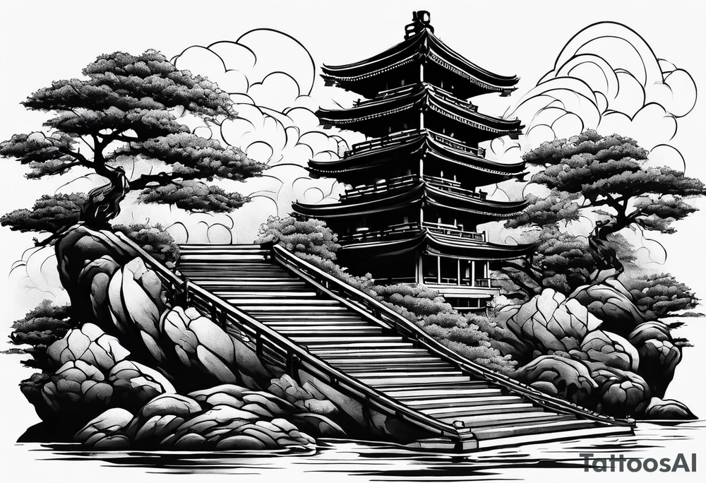 tower with ronin climbing the stairs tattoo idea