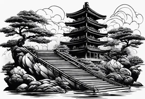 tower with ronin climbing the stairs tattoo idea