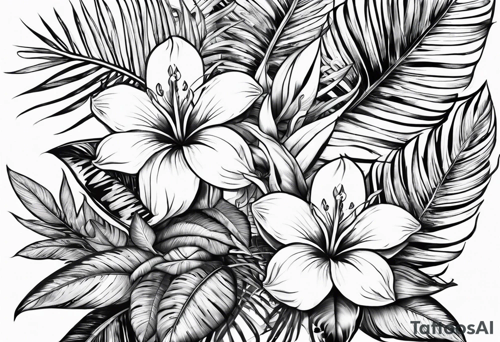 Tropical floral leaves tattoo idea