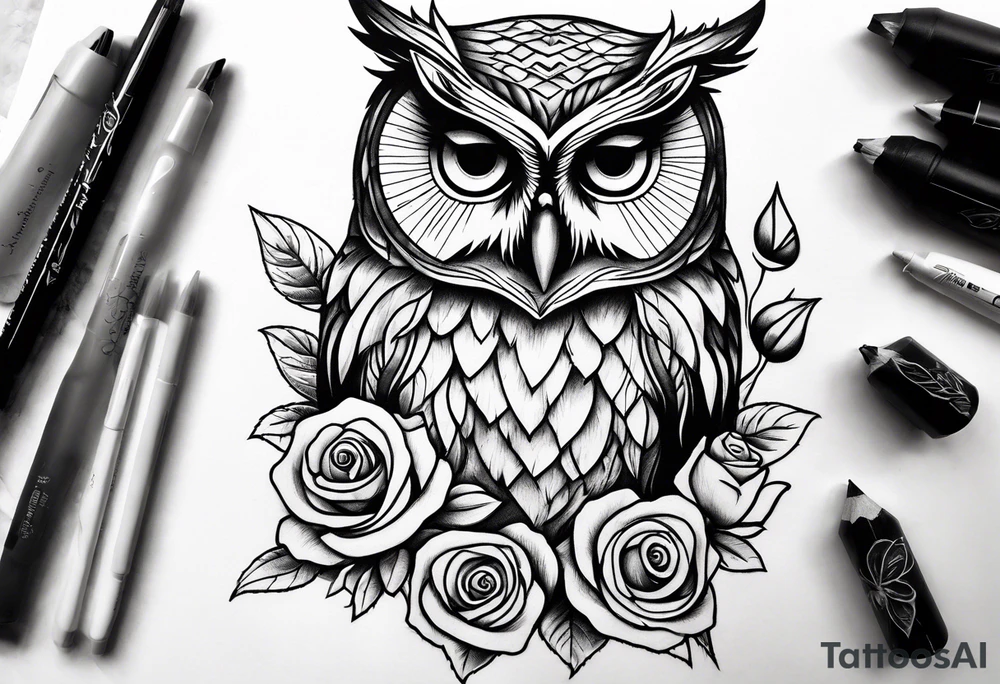 Owl trd roses tattoo idea