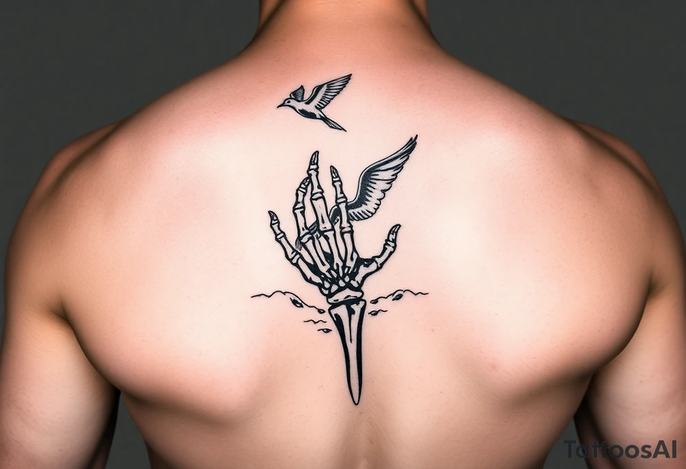 Skeleton hand reaching out of the ocean for a flying swallow in the Sailor Jerry style tattoo idea