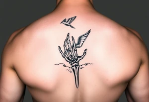 Skeleton hand reaching out of the ocean for a flying swallow in the Sailor Jerry style tattoo idea