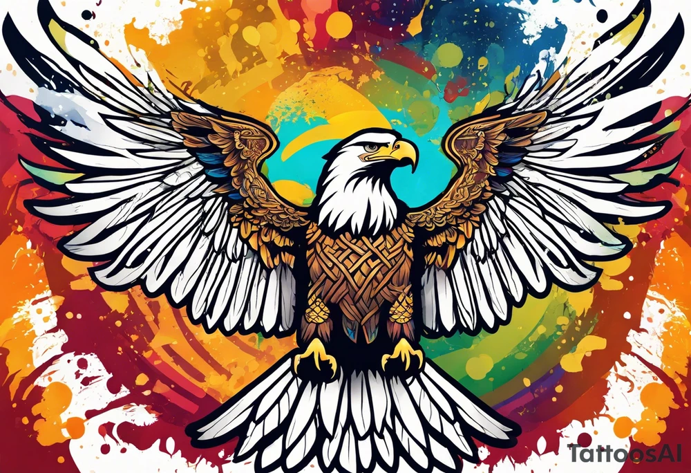 Simple celtic Eagle with wings spread upwards. Colourful background, splashes on colour tattoo idea