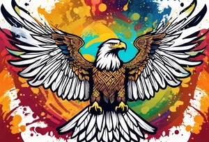 Simple celtic Eagle with wings spread upwards. Colourful background, splashes on colour tattoo idea