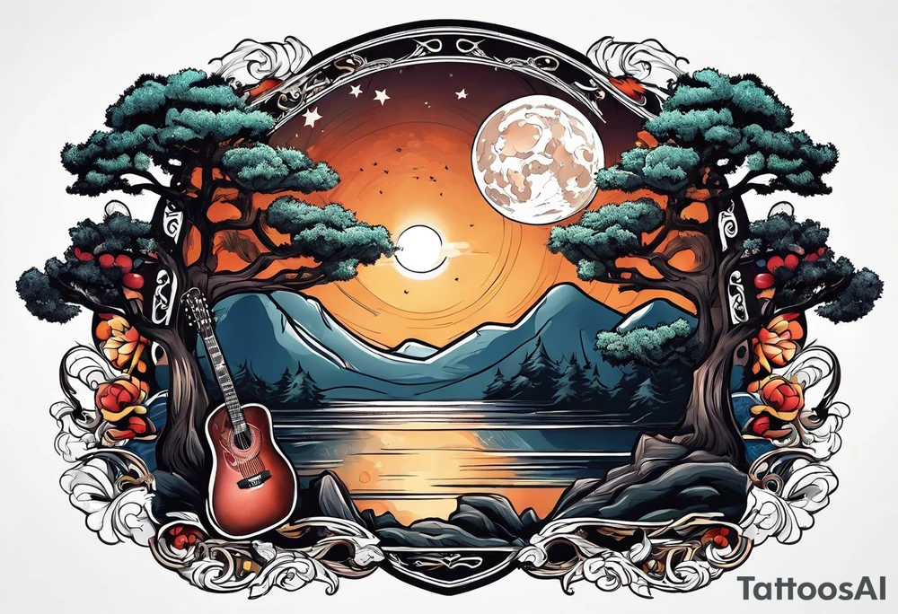 Guitar design moon tree campfire tattoo idea