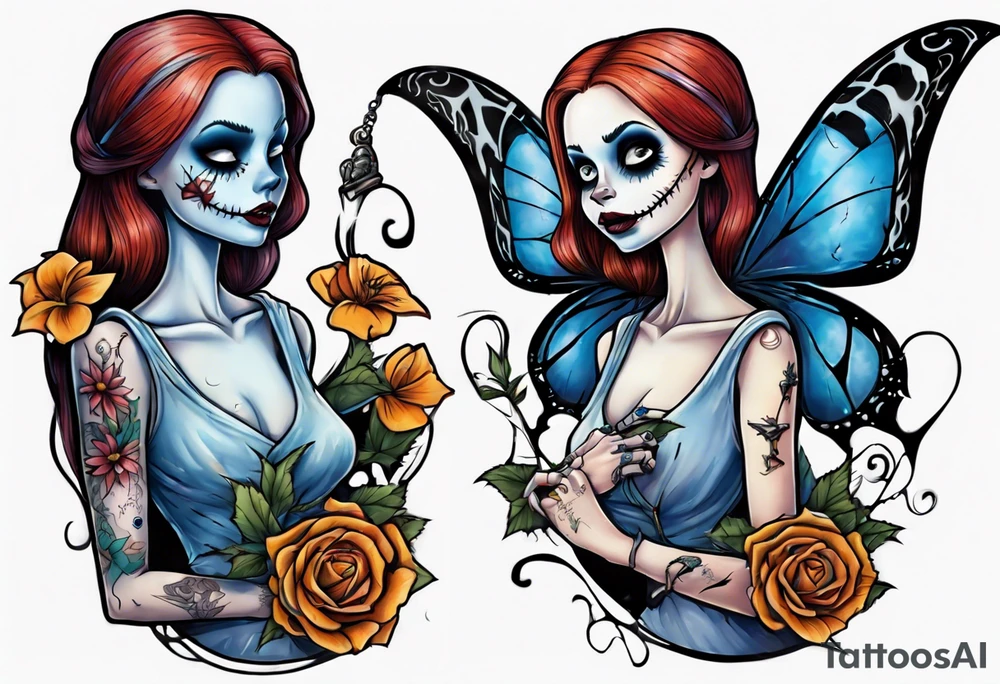 Nightmare before Christmas Sallyholding a flower. With a blue butterfly flying around her. tattoo idea