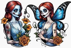 Nightmare before Christmas Sallyholding a flower. With a blue butterfly flying around her. tattoo idea