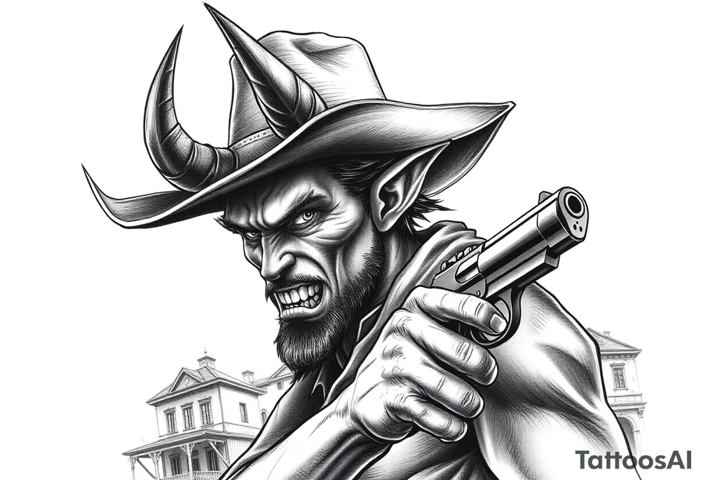 a demon with cowboy-hat ,a gun in a hand, old buildings in the background. tattoo idea