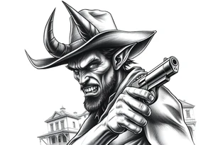 a demon with cowboy-hat ,a gun in a hand, old buildings in the background. tattoo idea