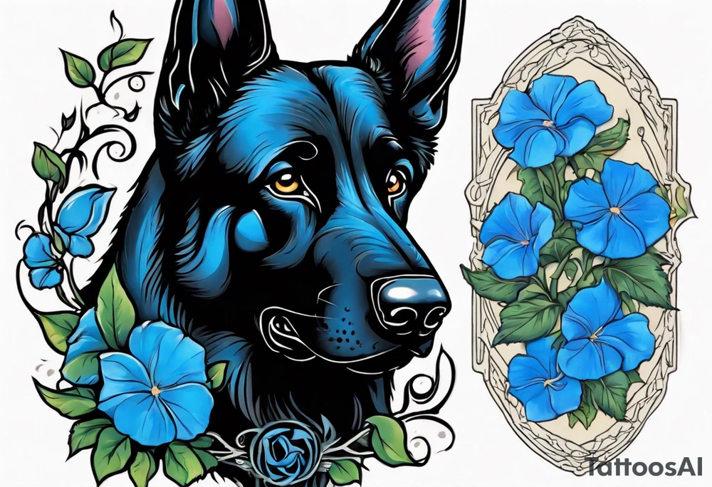 Black German shepherd portrait brightly colored with blue morning glories tattoo idea