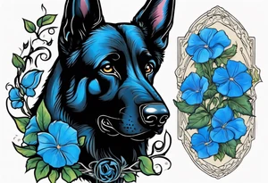 Black German shepherd portrait brightly colored with blue morning glories tattoo idea