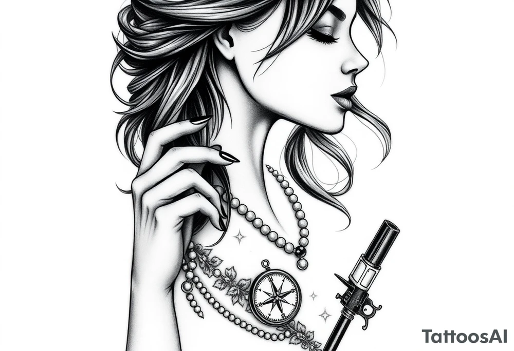 Profile of sexy woman with messy hair
, hand on chin, mouth open , lace, lipstick, pearls
compass and gun near by tattoo idea