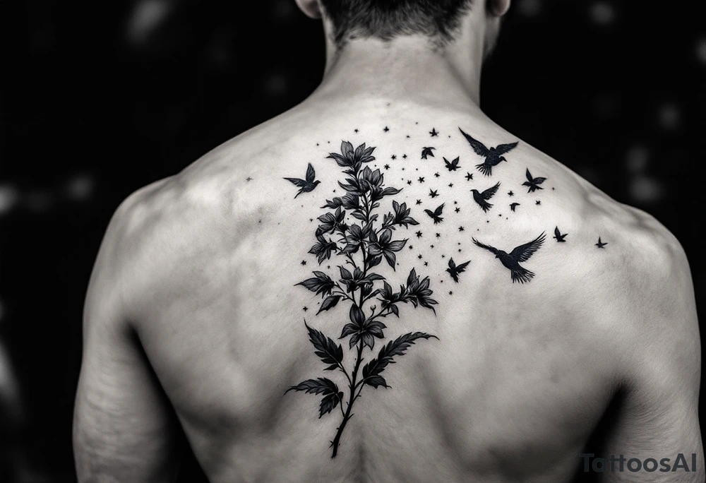 A wood violet blowing in the wind with pedals floating away turning into birds tattoo idea