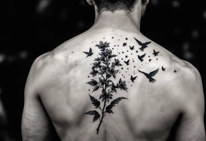 A wood violet blowing in the wind with pedals floating away turning into birds tattoo idea