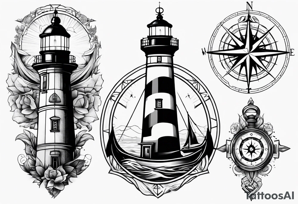 A lighthouse mixed with an anchor and a compass rose tattoo idea