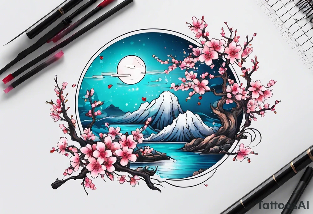 Neptune planet  with cherry blossom tattoo idea