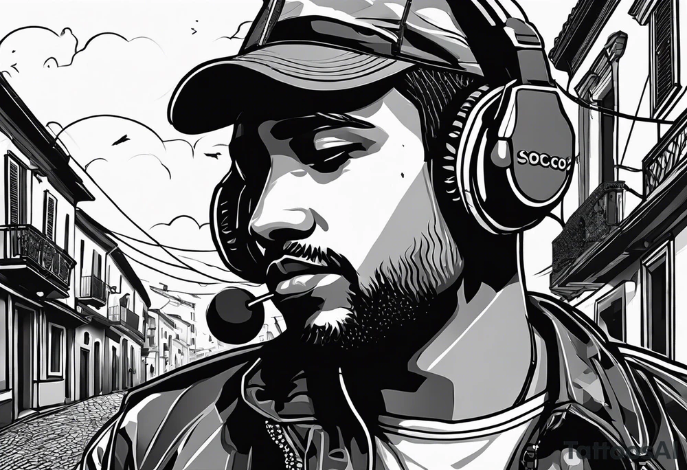 Soccorso player with ball in the streets of naples in the rain with headphones in his ears creating notes that end up in the clouds tattoo idea