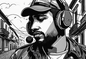 Soccorso player with ball in the streets of naples in the rain with headphones in his ears creating notes that end up in the clouds tattoo idea