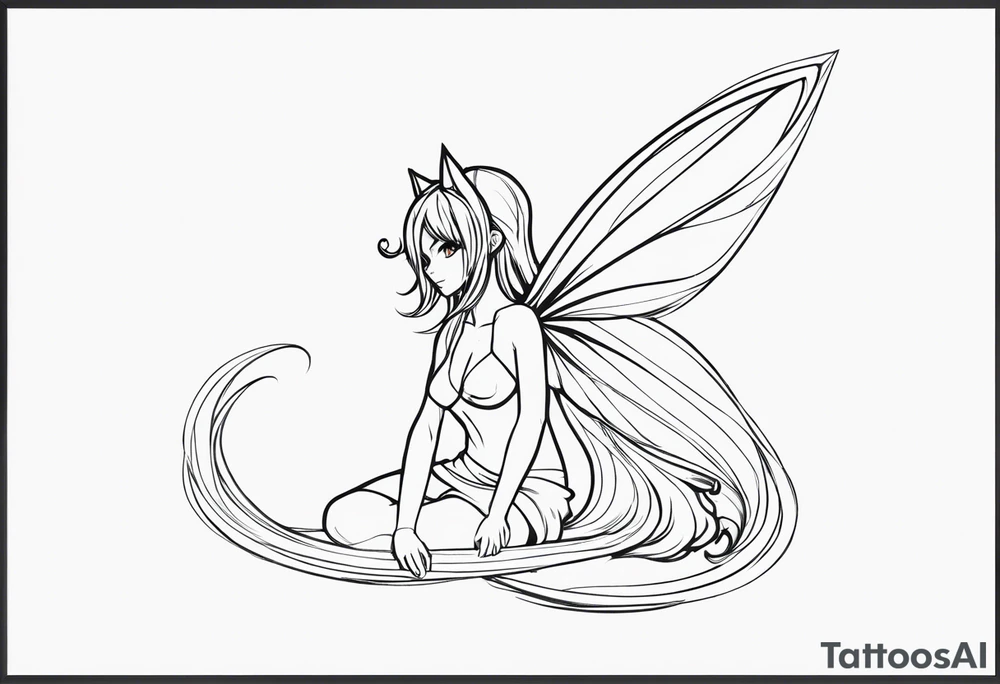 No color sketch of a fairy with a tail inspired by the guild symbol in the anime show called Fairy Tail in a fetal position leaning in and forward while crawled in tattoo idea