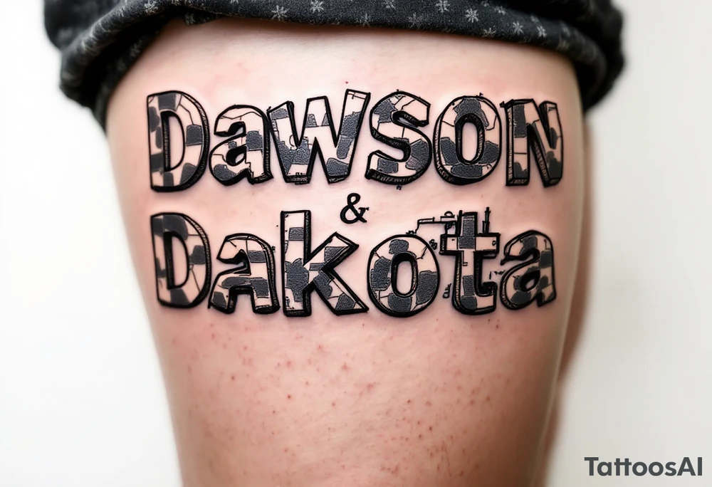 Dawson and Dakota spelled with legos and trucks with backgrounds tattoo idea