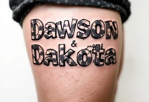 Dawson and Dakota spelled with legos and trucks with backgrounds tattoo idea