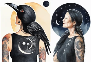 a beautiful 55 year old Dakota woman wearing a black tunic, standing before the night sky with a crescent moon, a raven on her shoulder tattoo idea