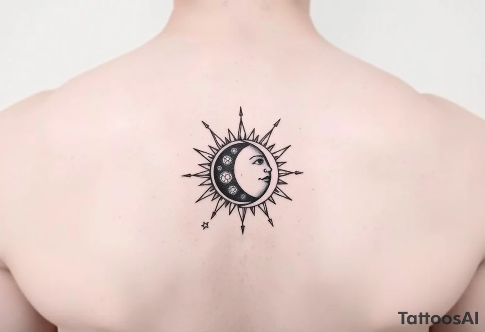 celestial sun and moon embrace with constellation patterns tattoo idea